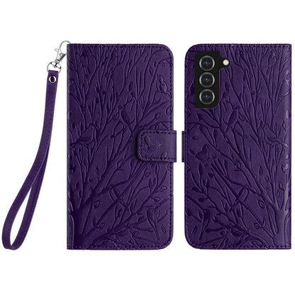 Samsung Galaxy S22 5G Embossed Leather Phone Case with Tree Birds Pattern, Hand Strap, Card Holder & Adjustable Stand - Shockproof Wallet Cover