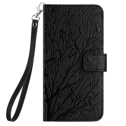 Samsung Galaxy S22 5G Embossed Leather Phone Case with Tree Birds Pattern, Hand Strap, Card Holder & Adjustable Stand - Shockproof Wallet Cover