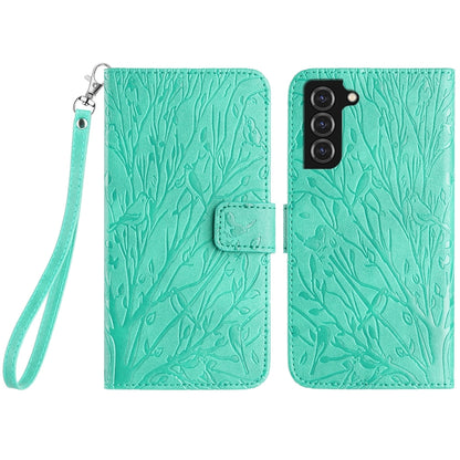 Samsung Galaxy S22 5G Embossed Leather Phone Case with Tree Birds Pattern, Hand Strap, Card Holder & Adjustable Stand - Shockproof Wallet Cover