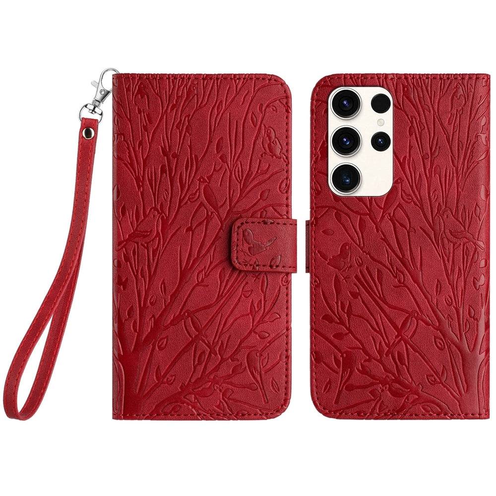 Samsung Galaxy S22 Ultra 5G Embossed Leather Phone Case with Tree Birds Pattern, Hand Strap, Card Holder & Adjustable Stand - Shockproof Wallet Cover