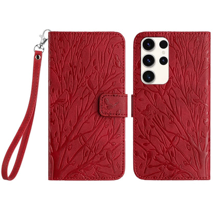 Samsung Galaxy S22 Ultra 5G Embossed Leather Phone Case with Tree Birds Pattern, Hand Strap, Card Holder & Adjustable Stand - Shockproof Wallet Cover