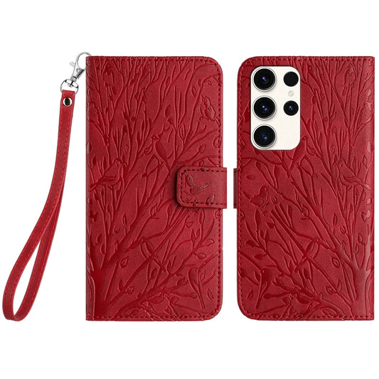 Samsung Galaxy S22 Ultra 5G Embossed Leather Phone Case with Tree Birds Pattern, Hand Strap, Card Holder & Adjustable Stand - Shockproof Wallet Cover