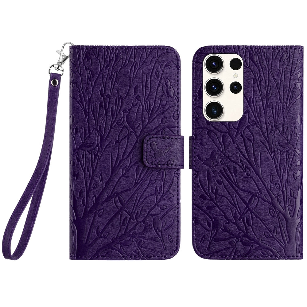 Samsung Galaxy S22 Ultra 5G Embossed Leather Phone Case with Tree Birds Pattern, Hand Strap, Card Holder & Adjustable Stand - Shockproof Wallet Cover