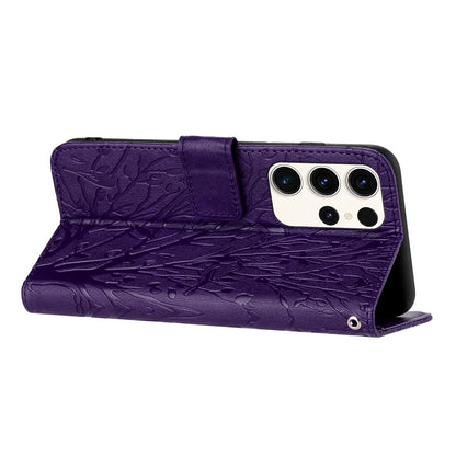 Samsung Galaxy S22 Ultra 5G Embossed Leather Phone Case with Tree Birds Pattern, Hand Strap, Card Holder & Adjustable Stand - Shockproof Wallet Cover