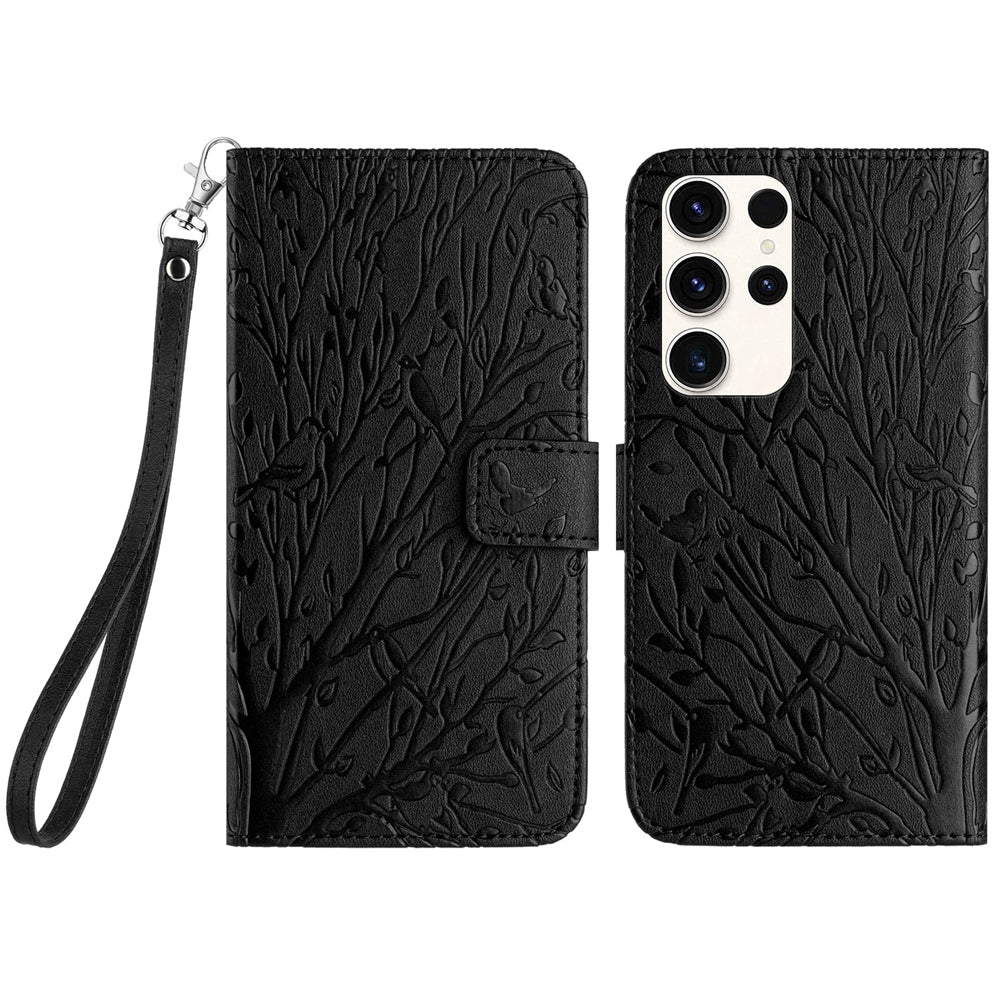 Samsung Galaxy S22 Ultra 5G Embossed Leather Phone Case with Tree Birds Pattern, Hand Strap, Card Holder & Adjustable Stand - Shockproof Wallet Cover