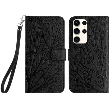Samsung Galaxy S22 Ultra 5G Embossed Leather Phone Case with Tree Birds Pattern, Hand Strap, Card Holder & Adjustable Stand - Shockproof Wallet Cover