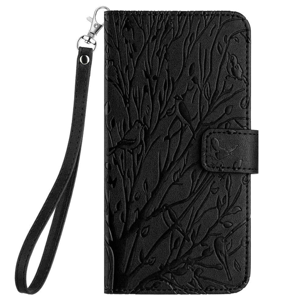 Samsung Galaxy S22 Ultra 5G Embossed Leather Phone Case with Tree Birds Pattern, Hand Strap, Card Holder & Adjustable Stand - Shockproof Wallet Cover
