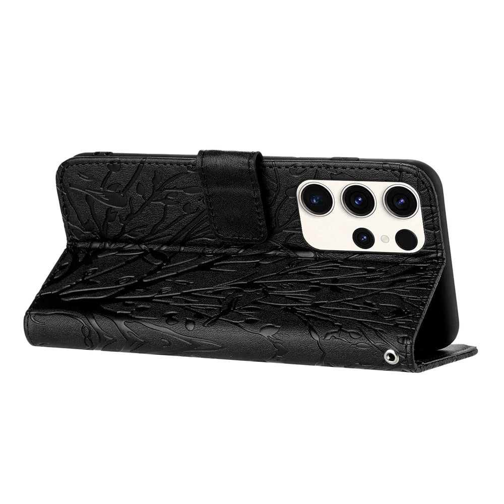 Samsung Galaxy S22 Ultra 5G Embossed Leather Phone Case with Tree Birds Pattern, Hand Strap, Card Holder & Adjustable Stand - Shockproof Wallet Cover