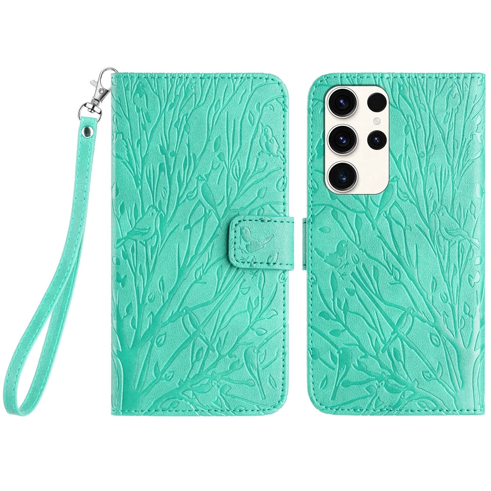 Samsung Galaxy S22 Ultra 5G Embossed Leather Phone Case with Tree Birds Pattern, Hand Strap, Card Holder & Adjustable Stand - Shockproof Wallet Cover