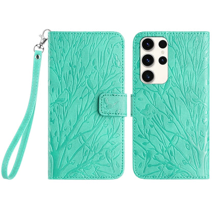 Samsung Galaxy S22 Ultra 5G Embossed Leather Phone Case with Tree Birds Pattern, Hand Strap, Card Holder & Adjustable Stand - Shockproof Wallet Cover