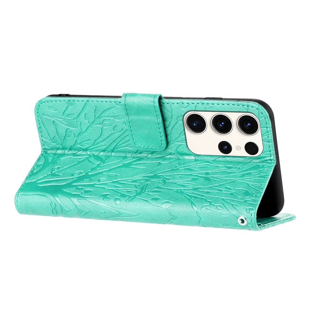 Samsung Galaxy S22 Ultra 5G Embossed Leather Phone Case with Tree Birds Pattern, Hand Strap, Card Holder & Adjustable Stand - Shockproof Wallet Cover