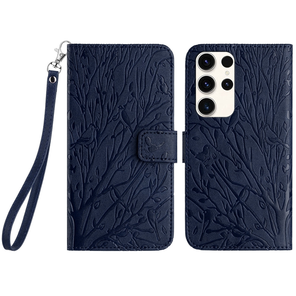Samsung Galaxy S22 Ultra 5G Embossed Leather Phone Case with Tree Birds Pattern, Hand Strap, Card Holder & Adjustable Stand - Shockproof Wallet Cover