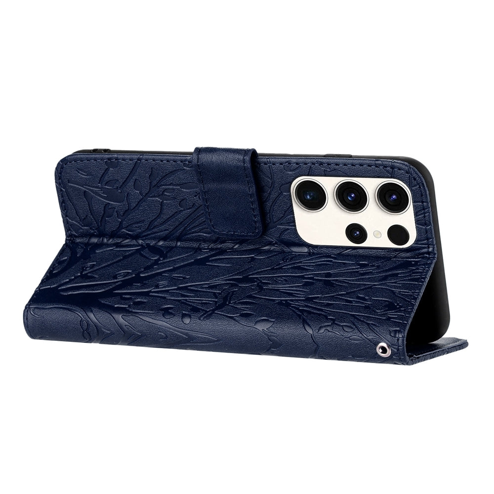 Samsung Galaxy S22 Ultra 5G Embossed Leather Phone Case with Tree Birds Pattern, Hand Strap, Card Holder & Adjustable Stand - Shockproof Wallet Cover