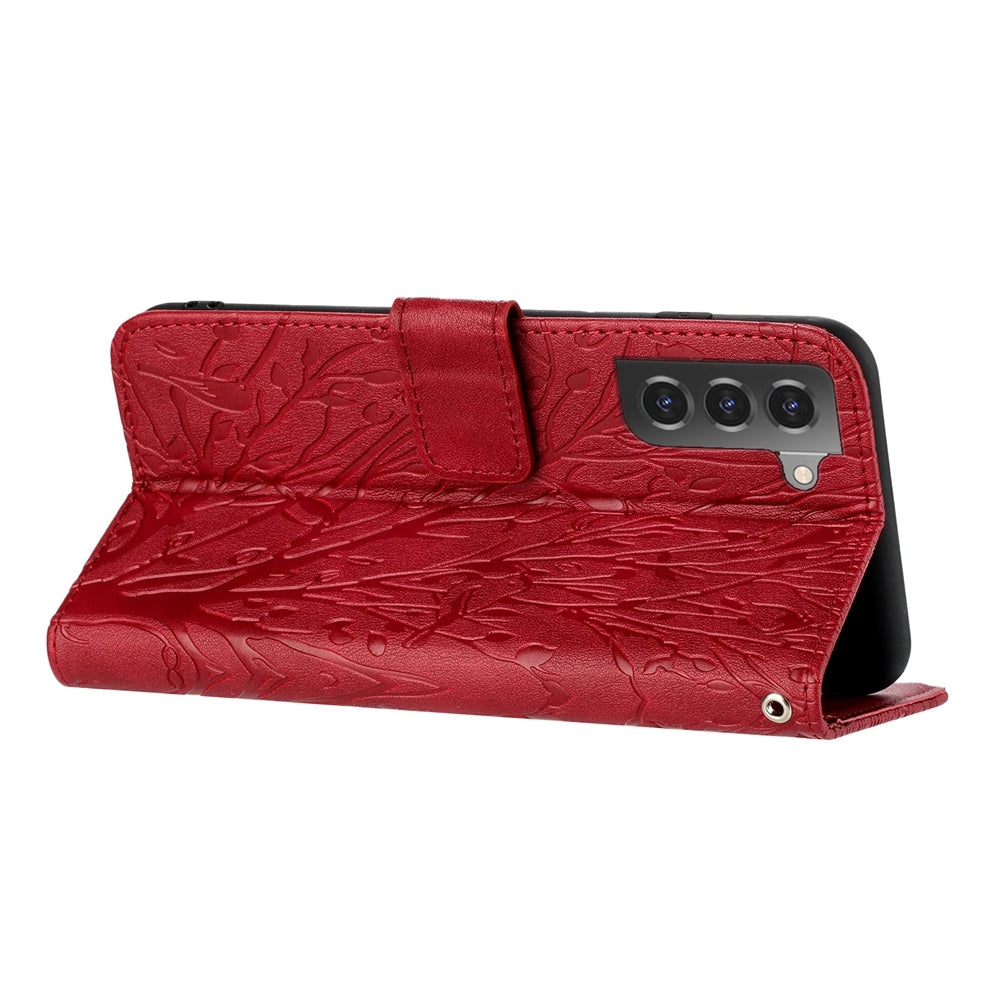 Samsung Galaxy S21 FE 5G Embossed Leather Phone Case with Tree Birds Pattern, Hand Strap, Card Holder & Adjustable Stand - Shockproof Wallet Cover