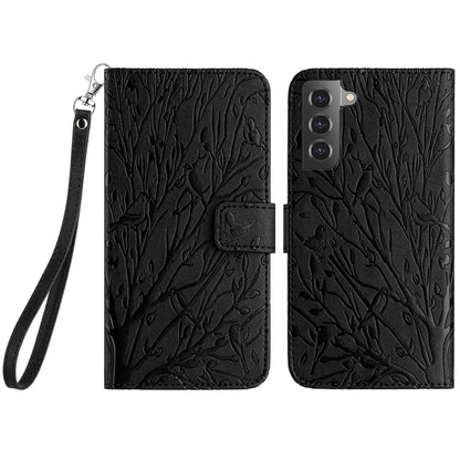 Samsung Galaxy S21 FE 5G Embossed Leather Phone Case with Tree Birds Pattern, Hand Strap, Card Holder & Adjustable Stand - Shockproof Wallet Cover