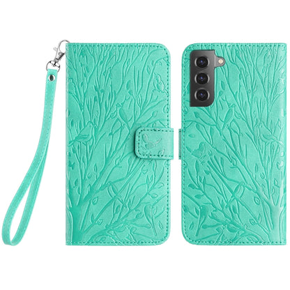 Samsung Galaxy S21 FE 5G Embossed Leather Phone Case with Tree Birds Pattern, Hand Strap, Card Holder & Adjustable Stand - Shockproof Wallet Cover