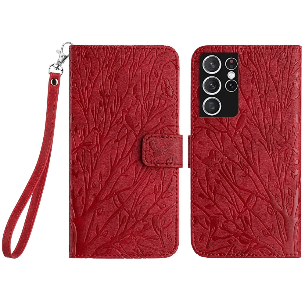 Samsung Galaxy S21 Ultra 5G Embossed Leather Phone Case with Tree Birds Pattern, Hand Strap, Card Holder & Adjustable Stand - Shockproof Wallet Cover