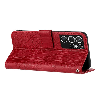 Samsung Galaxy S21 Ultra 5G Embossed Leather Phone Case with Tree Birds Pattern, Hand Strap, Card Holder & Adjustable Stand - Shockproof Wallet Cover