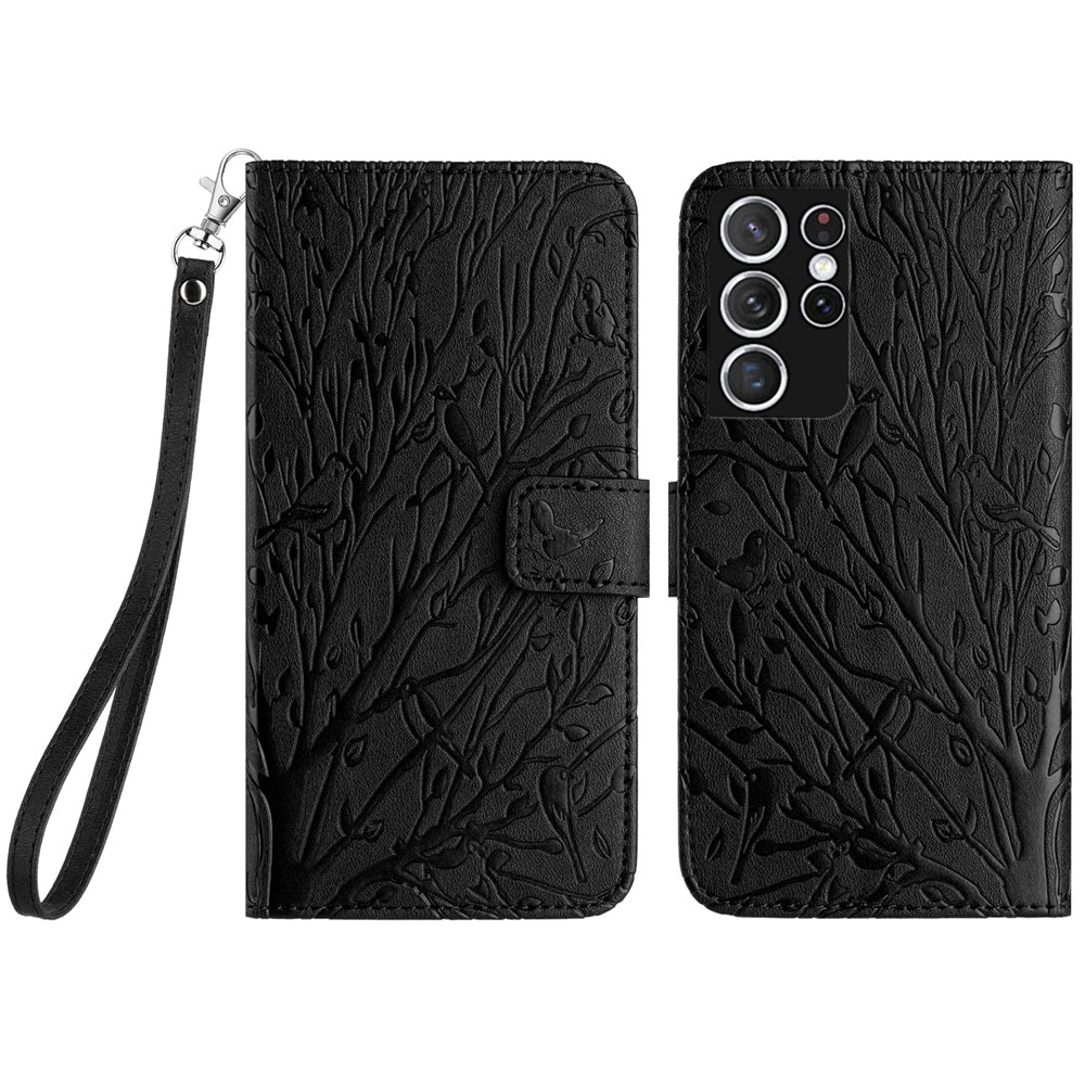 Samsung Galaxy S21 Ultra 5G Embossed Leather Phone Case with Tree Birds Pattern, Hand Strap, Card Holder & Adjustable Stand - Shockproof Wallet Cover
