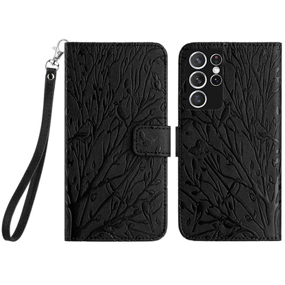 Samsung Galaxy S21 Ultra 5G Embossed Leather Phone Case with Tree Birds Pattern, Hand Strap, Card Holder & Adjustable Stand - Shockproof Wallet Cover