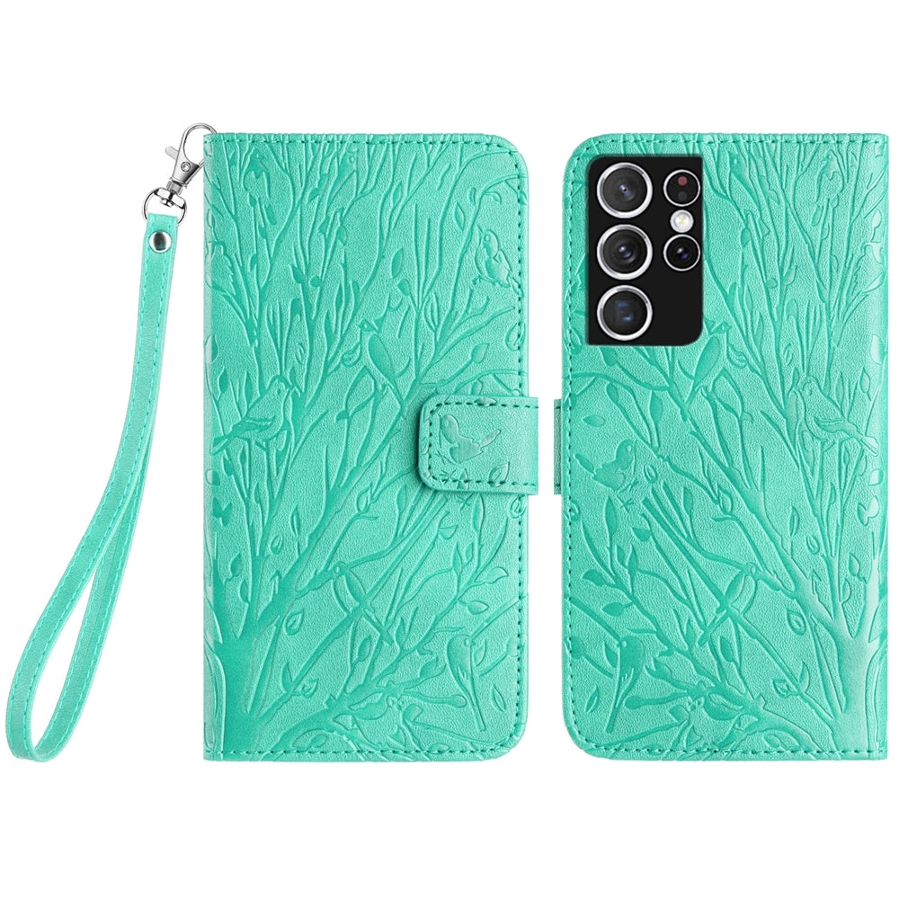 Samsung Galaxy S21 Ultra 5G Embossed Leather Phone Case with Tree Birds Pattern, Hand Strap, Card Holder & Adjustable Stand - Shockproof Wallet Cover