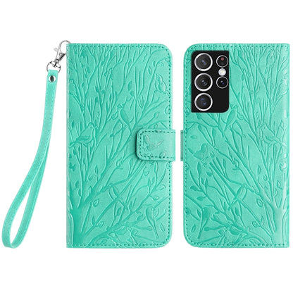 Samsung Galaxy S21 Ultra 5G Embossed Leather Phone Case with Tree Birds Pattern, Hand Strap, Card Holder & Adjustable Stand - Shockproof Wallet Cover