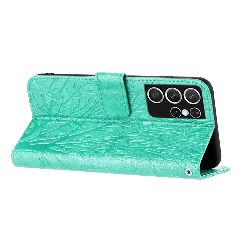 Samsung Galaxy S21 Ultra 5G Embossed Leather Phone Case with Tree Birds Pattern, Hand Strap, Card Holder & Adjustable Stand - Shockproof Wallet Cover