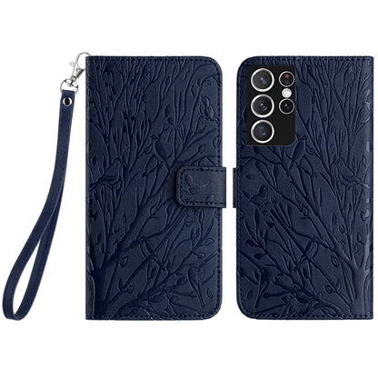 Samsung Galaxy S21 Ultra 5G Embossed Leather Phone Case with Tree Birds Pattern, Hand Strap, Card Holder & Adjustable Stand - Shockproof Wallet Cover