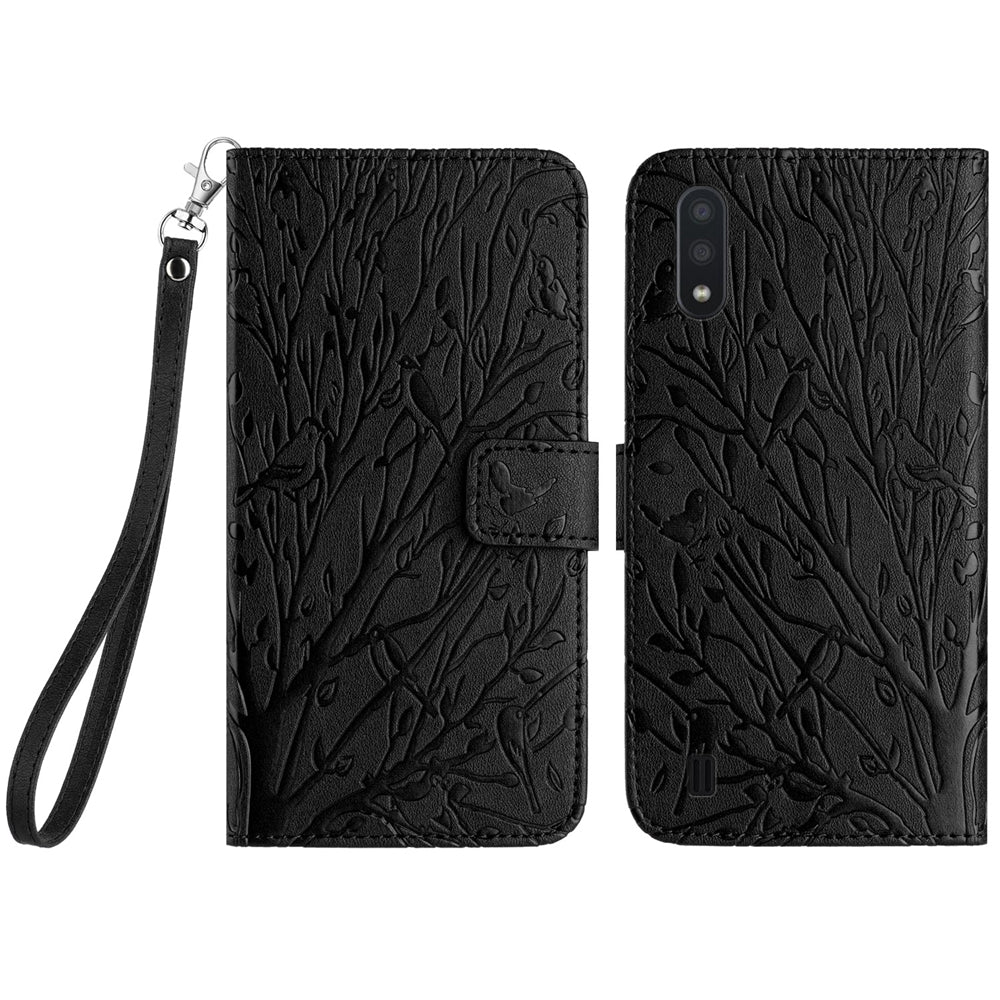 Samsung Galaxy A10/M10 Embossed Leather Phone Case with Tree Birds Pattern, Hand Strap, Card Holder & Adjustable Stand - Shockproof Wallet Cover