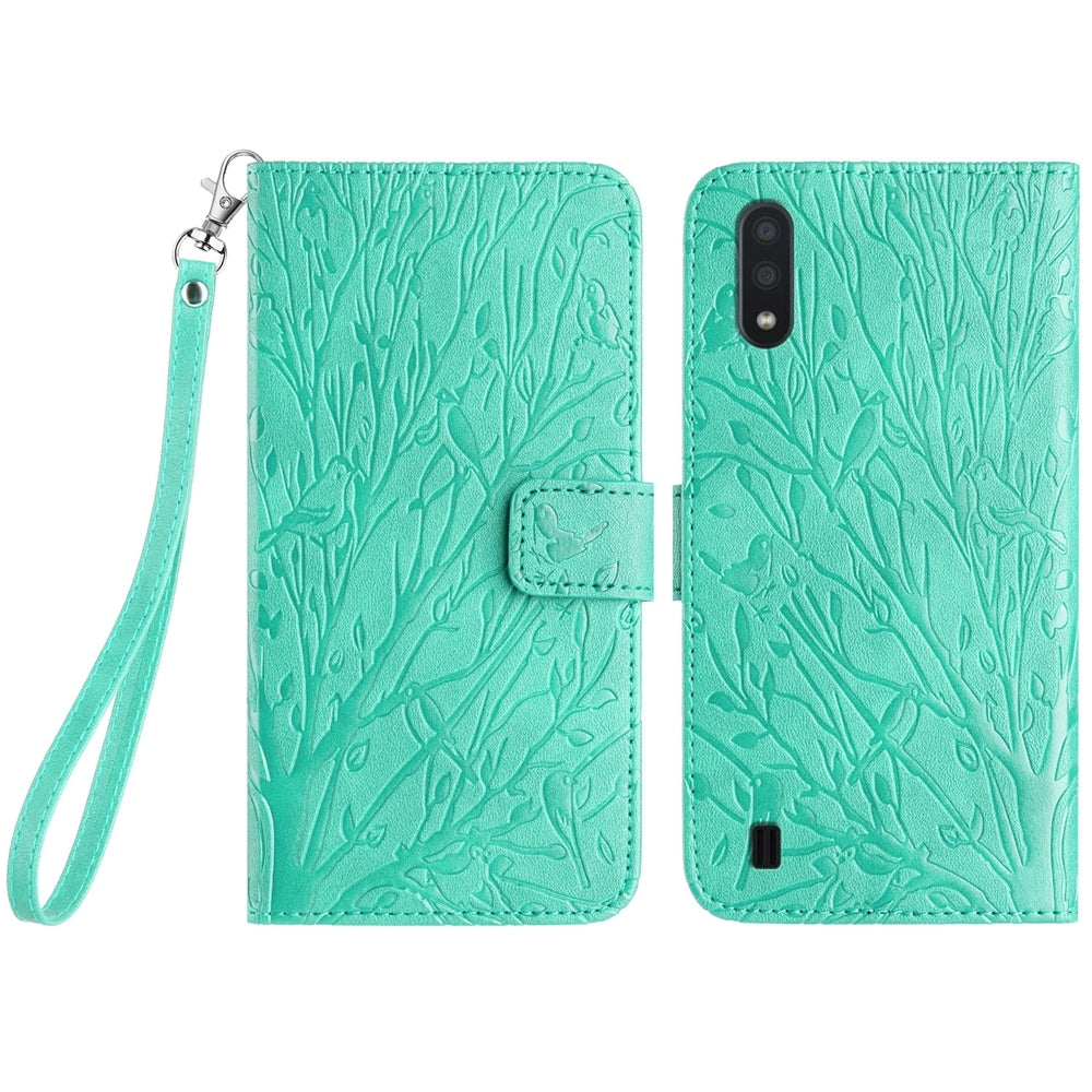 Samsung Galaxy A10/M10 Embossed Leather Phone Case with Tree Birds Pattern, Hand Strap, Card Holder & Adjustable Stand - Shockproof Wallet Cover