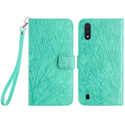 Samsung Galaxy A10/M10 Embossed Leather Phone Case with Tree Birds Pattern, Hand Strap, Card Holder & Adjustable Stand - Shockproof Wallet Cover