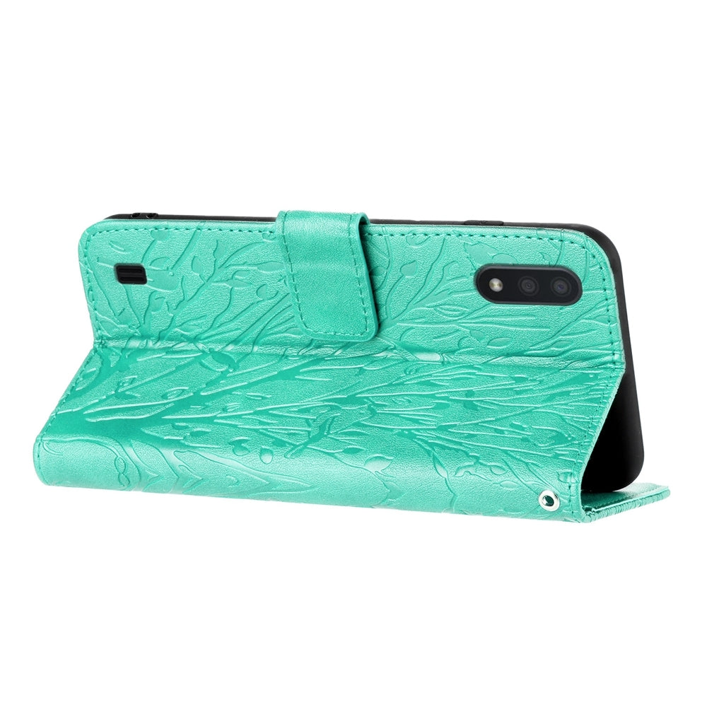 Samsung Galaxy A10/M10 Embossed Leather Phone Case with Tree Birds Pattern, Hand Strap, Card Holder & Adjustable Stand - Shockproof Wallet Cover