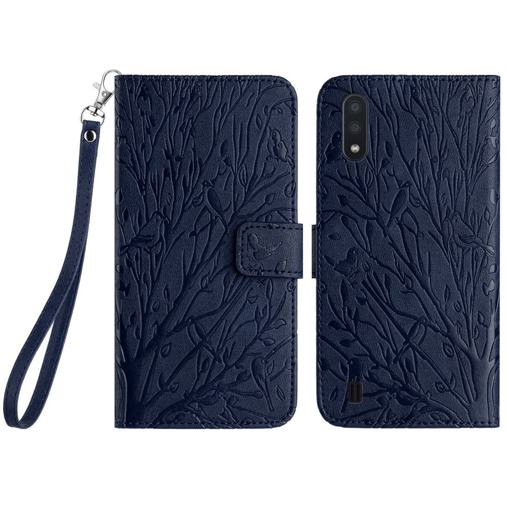 Samsung Galaxy A10/M10 Embossed Leather Phone Case with Tree Birds Pattern, Hand Strap, Card Holder & Adjustable Stand - Shockproof Wallet Cover