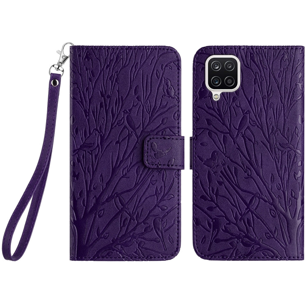 Samsung Galaxy A12 5G Embossed Leather Phone Case with Tree Birds Pattern, Hand Strap, Card Holder & Adjustable Stand - Shockproof Wallet Cover
