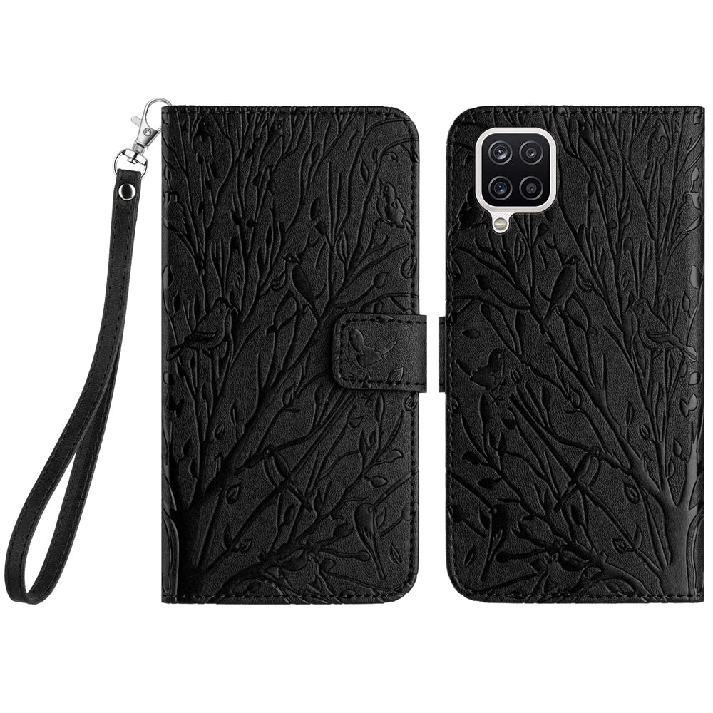 Samsung Galaxy A12 5G Embossed Leather Phone Case with Tree Birds Pattern, Hand Strap, Card Holder & Adjustable Stand - Shockproof Wallet Cover
