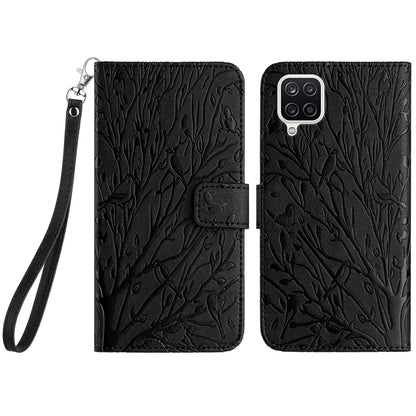 Samsung Galaxy A12 5G Embossed Leather Phone Case with Tree Birds Pattern, Hand Strap, Card Holder & Adjustable Stand - Shockproof Wallet Cover