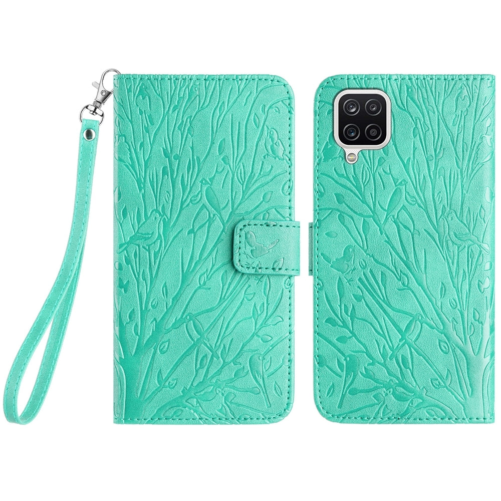 Samsung Galaxy A12 5G Embossed Leather Phone Case with Tree Birds Pattern, Hand Strap, Card Holder & Adjustable Stand - Shockproof Wallet Cover
