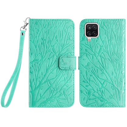Samsung Galaxy A12 5G Embossed Leather Phone Case with Tree Birds Pattern, Hand Strap, Card Holder & Adjustable Stand - Shockproof Wallet Cover