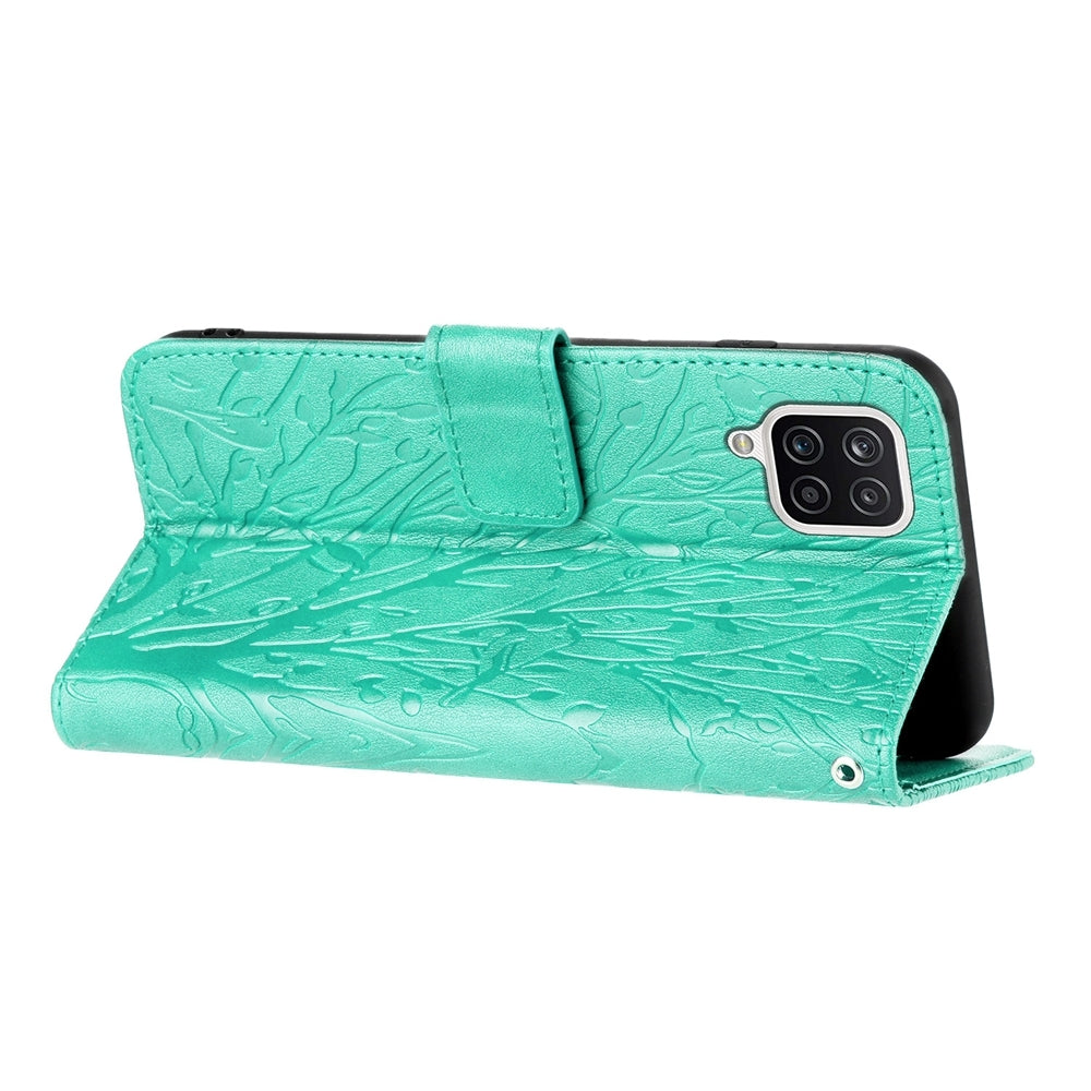 Samsung Galaxy A12 5G Embossed Leather Phone Case with Tree Birds Pattern, Hand Strap, Card Holder & Adjustable Stand - Shockproof Wallet Cover