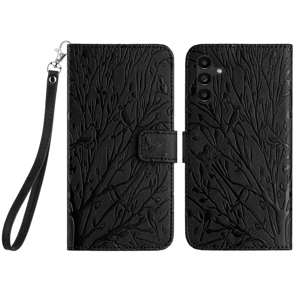 Samsung Galaxy A13 4G/5G Embossed Leather Phone Case with Tree Birds Pattern, Hand Strap, Card Holder & Adjustable Stand - Shockproof Wallet Cover