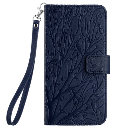 Samsung Galaxy A14 Embossed Leather Phone Case with Tree Birds Pattern, Hand Strap, Card Holder & Adjustable Stand - Shockproof Wallet Cover