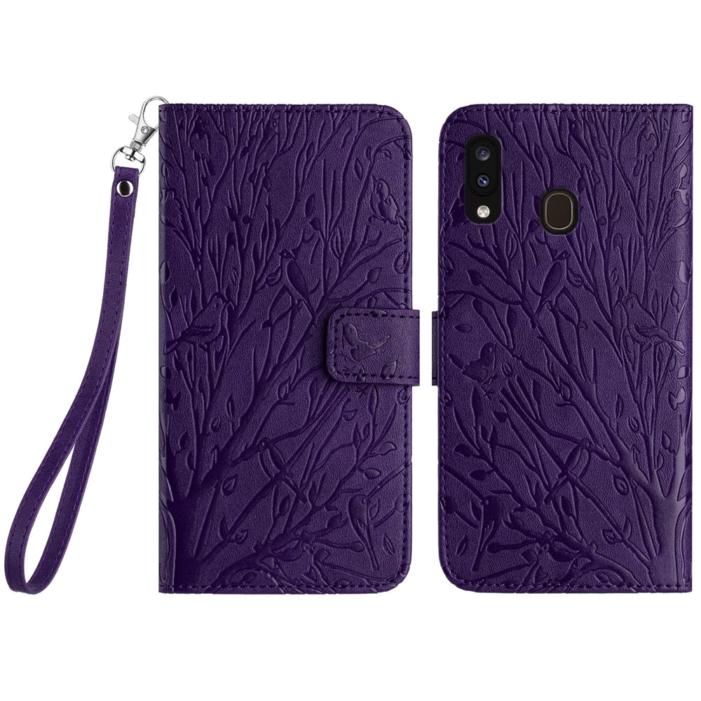 Samsung Galaxy A20/A30 Embossed Leather Phone Case with Tree Birds Pattern, Hand Strap, Card Holder & Adjustable Stand - Shockproof Wallet Cover