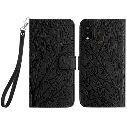 Samsung Galaxy A20/A30 Embossed Leather Phone Case with Tree Birds Pattern, Hand Strap, Card Holder & Adjustable Stand - Shockproof Wallet Cover