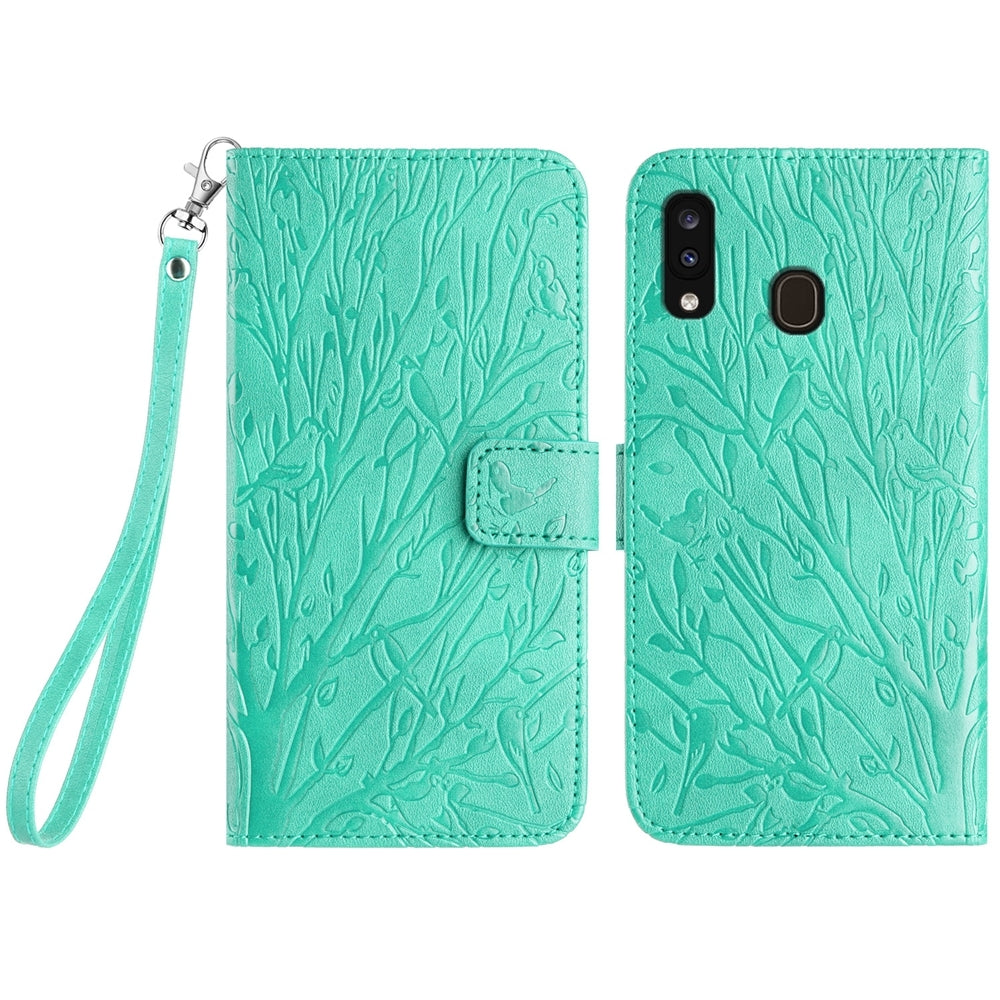 Samsung Galaxy A20/A30 Embossed Leather Phone Case with Tree Birds Pattern, Hand Strap, Card Holder & Adjustable Stand - Shockproof Wallet Cover