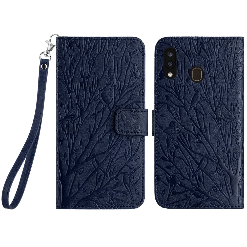 Samsung Galaxy A20/A30 Embossed Leather Phone Case with Tree Birds Pattern, Hand Strap, Card Holder & Adjustable Stand - Shockproof Wallet Cover