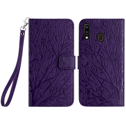 Samsung Galaxy A20e Embossed Leather Phone Case with Tree Birds Pattern, Hand Strap, Card Holder & Adjustable Stand - Shockproof Wallet Cover