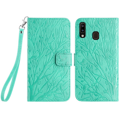 Samsung Galaxy A20e Embossed Leather Phone Case with Tree Birds Pattern, Hand Strap, Card Holder & Adjustable Stand - Shockproof Wallet Cover