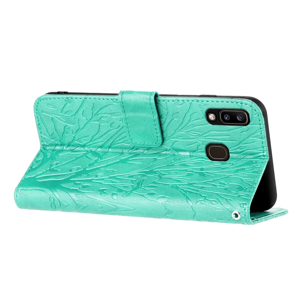 Samsung Galaxy A20e Embossed Leather Phone Case with Tree Birds Pattern, Hand Strap, Card Holder & Adjustable Stand - Shockproof Wallet Cover