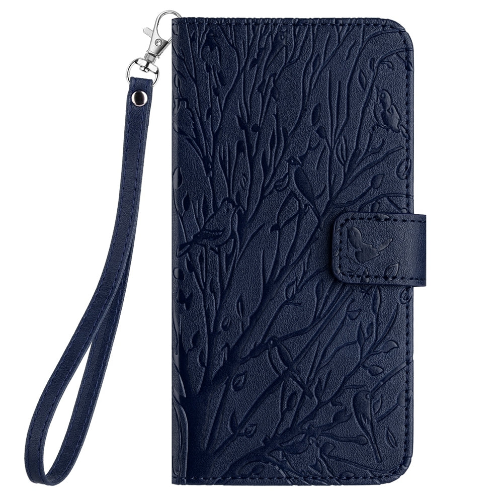 Samsung Galaxy A20e Embossed Leather Phone Case with Tree Birds Pattern, Hand Strap, Card Holder & Adjustable Stand - Shockproof Wallet Cover
