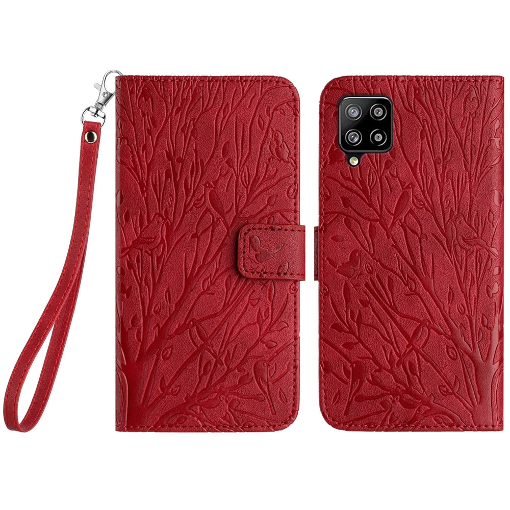 Samsung Galaxy A22 4G Embossed Leather Phone Case with Tree Birds Pattern, Hand Strap, Card Holder & Adjustable Stand - Shockproof Wallet Cover